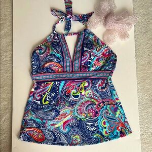 New Liz Claiborne Vibrant Paisley Halter Tankini Top